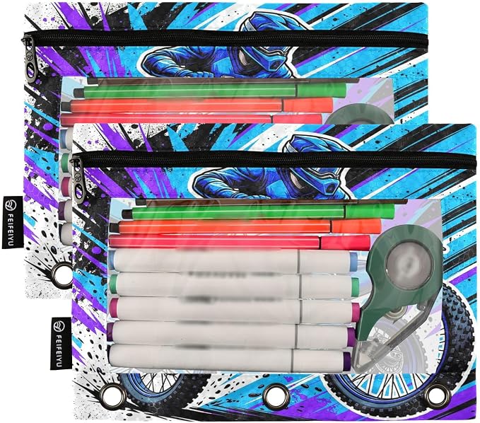 Gredecor 3 Ring Binder Pencil Pouch, Motocross Rider Dirt Bike Zippered Pen Case Pouches with Clear Window, 2 Pack Stylish Office & School Supplie