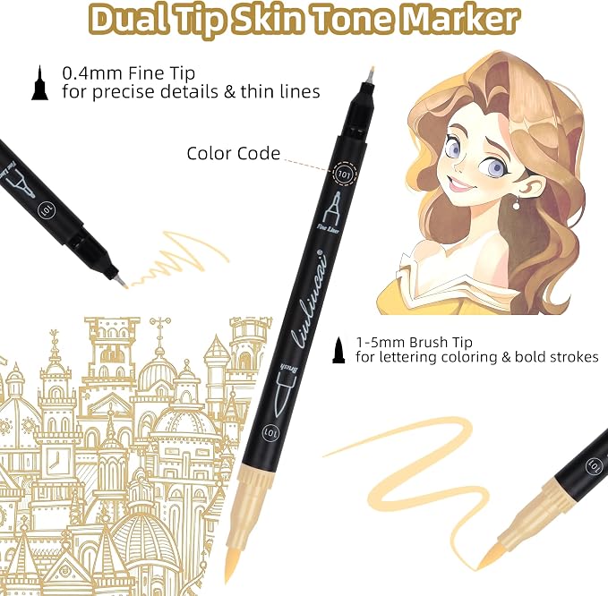 LIULIUCAI 10 Skin Tone Dual Tip Marker Pens, Fine Tip & Brush Tip Marker for Adult Coloring Book No Bleeding, Natural Skin Tone Markers for Realistic Portraits, Character Design, Sketching, Outlining