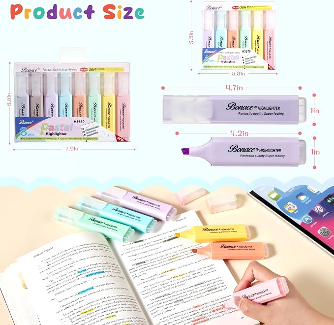 8 Pastel Highlighters, No Bleed & Quick Dry Chisel Tip Markers | 8 Soft Colors with Pocket Clip for Bible, School, Office & Journals