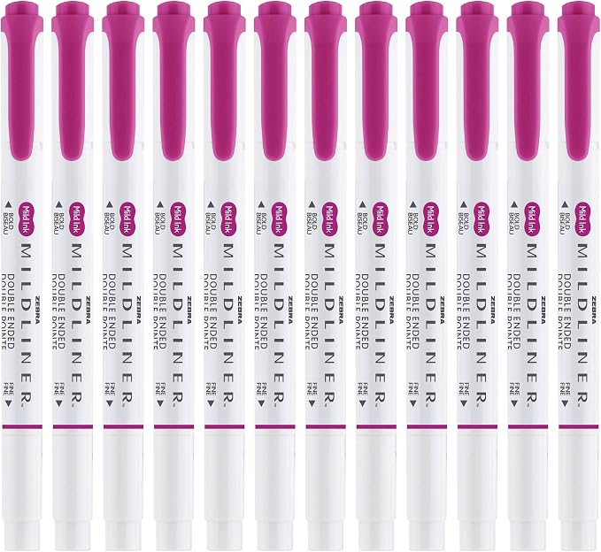 Zebra Pen MILDLINER No Bleed Highlighter, Fuchsia Color, Dual Tip, 12-Pack