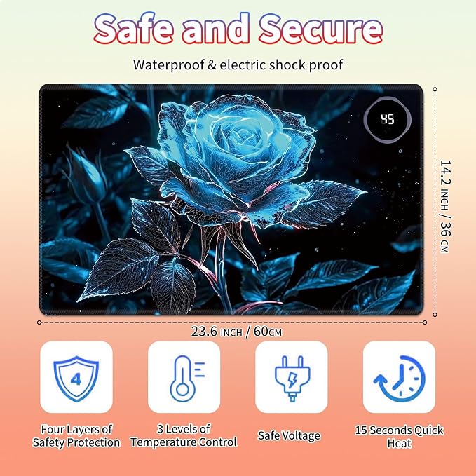 Heated Desk Pad Large Mouse Pad 23.6 x 14.1 inch with 3 Levels Heating & Auto Shut-Off Warm Mouse pad PU Leather Computer Mousepad for Home Office Work - Blue Rose Flower