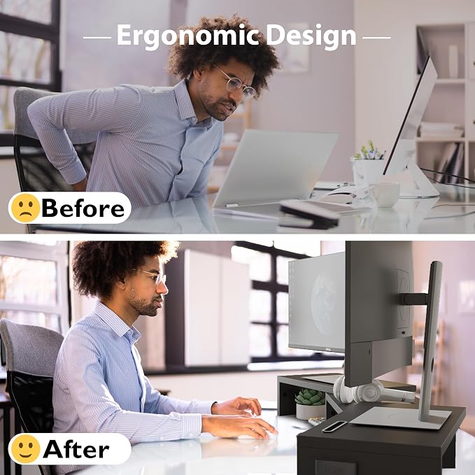 BONTEC Dual Monitor Stand Riser with Smartphone Holder, Adjustable Length & Swivel Angle, Ergonomic Wooden Desktop Organizer for PC Monitor, Laptop, Printer, Large Storage, 42.5 in, Black