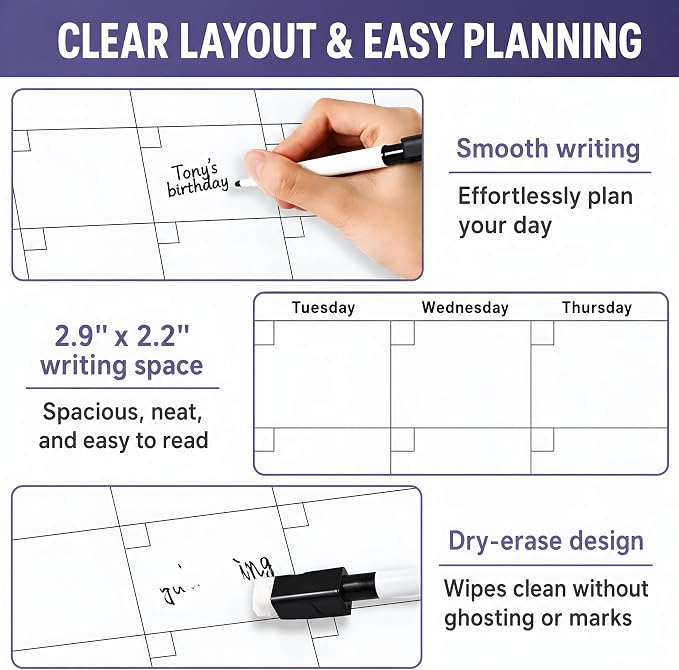 Dry Erase Calendar for Wall 24x36in Undated 3 Month Celendar with 4 Markers | Purple Layout Reusable PET Erasable Surface, Large 3-Month View, Easy to Write and Wipe Clean
