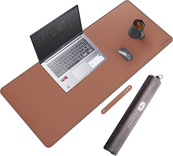 CENNBIE 35.5" x 16" Leather Desk Mat, Computer Mouse Pad for Office(Brown) | Premium stitched edges resist wear. Easy to clean. Protects desk from spills, stains ,scratches. Smooth glide. Office & home.