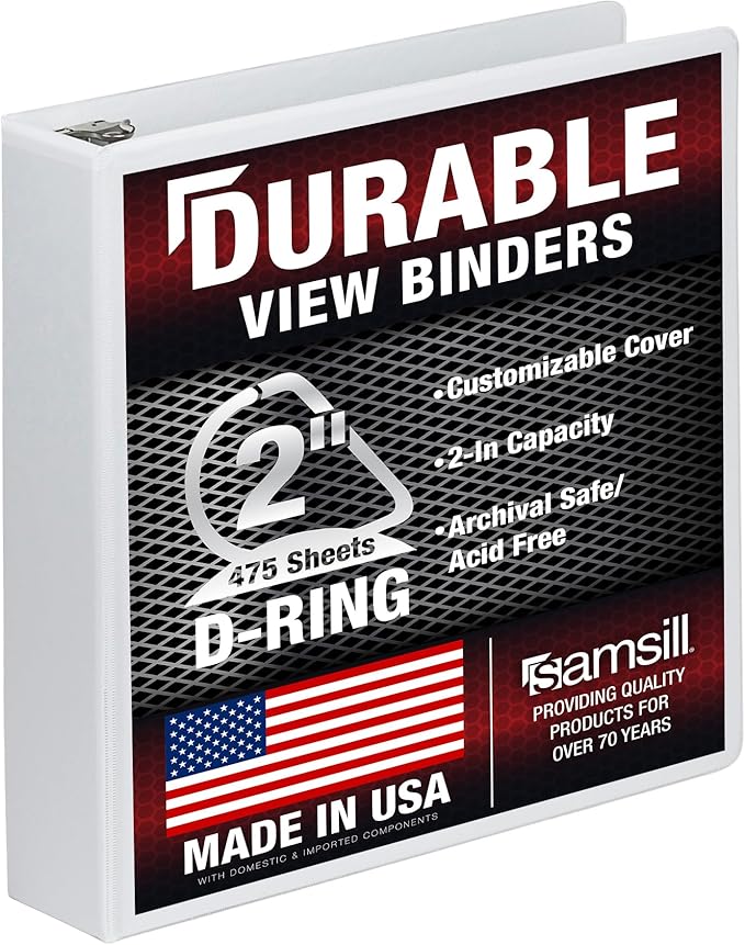 Samsill Durable 2 inch 3 Ring Binder, D Ring Binder, 100% Recycled Chipboard, White