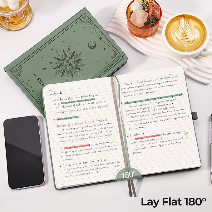 EMSHOI Lined Journal Notebook, 320 Numbered Pages, A5 Size (5.7'' x 8.3'') | Leather Hardcover, 100 GSM Thick Paper, for Women & Men, Journaling, Writing, Work & Office, Sun Debossed (Green)