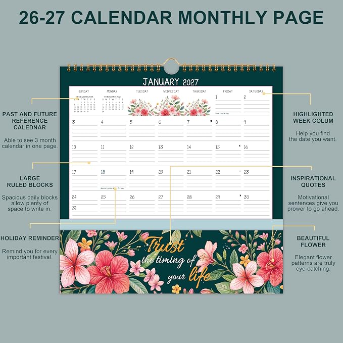 Wall Calendar 2026-2027, Jul. 2026 - Dec. 2027, 11.2" x 11.2", 18 Month | Pocket Calendar, 2026-2027 Calendar with Pockets, Calendars for Office School Home - 12 Different Floral