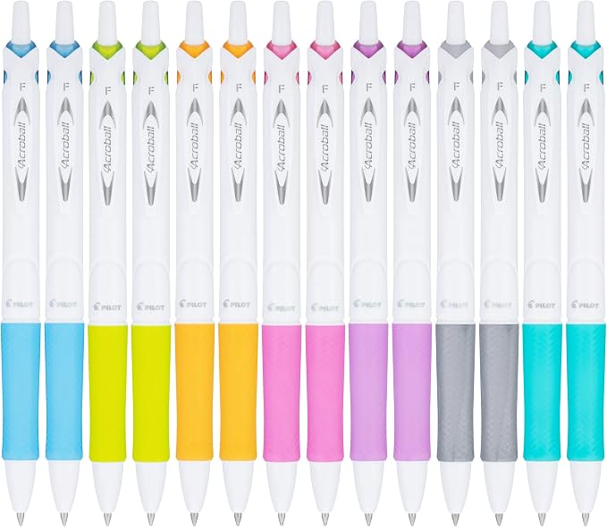 Pilot Acroball PureWhite Advanced Ink Refillable & Retractable Ball Point Pens with Assorted Accents, Fine Point, Ballpoint Pens, Black Ink, 0.7mm, 14-Pack