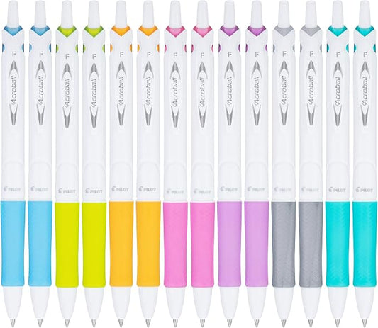 Pilot Acroball PureWhite Advanced Ink Refillable & Retractable Ball Point Pens with Assorted Accents, Fine Point, Ballpoint Pens, Black Ink, 0.7mm, 14-Pack