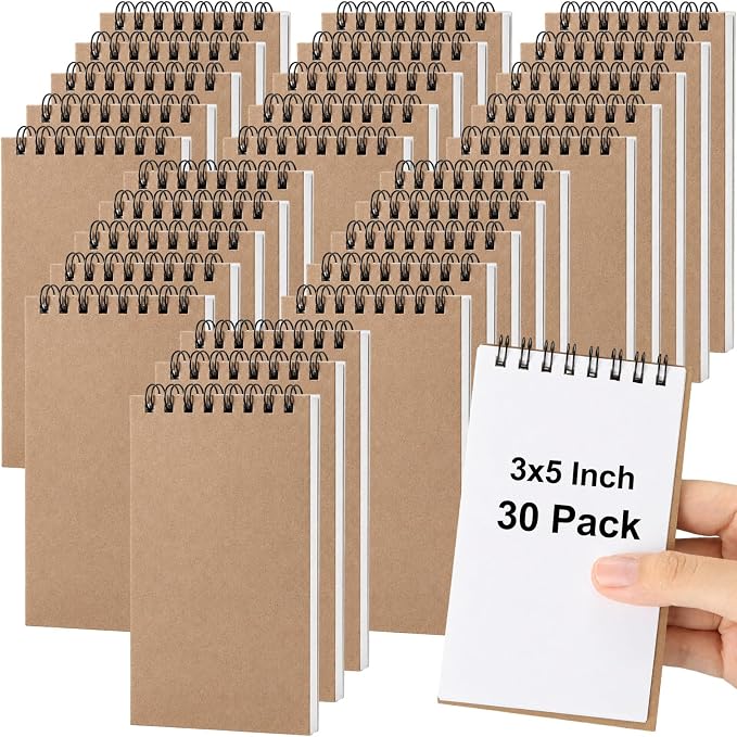 Watersay 30 Pack Small Spiral Notebook Bulk, 3x5 Pocket Notepads,Kraft | Memo Pads, Mini Blank Sketchbook, for School Office Grocery Shopping Lists, Back to School Gift, Students Rewards, 50 Sheets