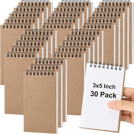 Watersay 30 Pack Small Spiral Notebook Bulk, 3x5 Pocket Notepads,Kraft | Memo Pads, Mini Blank Sketchbook, for School Office Grocery Shopping Lists, Back to School Gift, Students Rewards, 50 Sheets