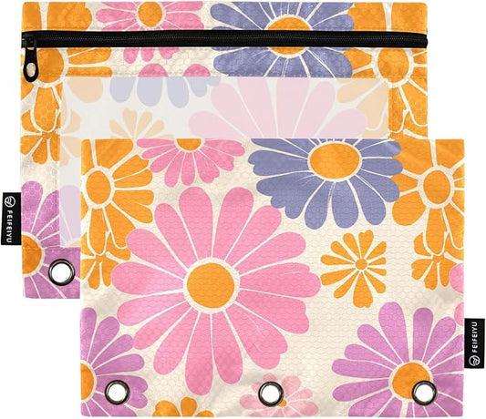 Gredecor Binder Pencil Pouch 3 Ring Hippie Retro Daisy Flowers Zipper Pencil Pouches Case 2 Pack Clear Binder Organizer for School Office