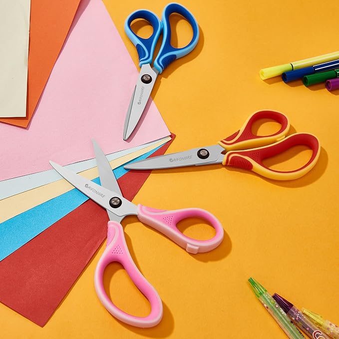 7" Student Scissors Set of 3-pack,Pointed Tip Blades,Kids Scissors Ages 8-10 8-12 8-16 for School Crafting Project,Great for DIY, Arts, Home, Red/Pink/Blue