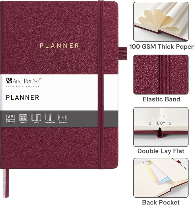 And Per Se Undated Academic Planner, Weekly & Monthly Planner with Goal & Habit Tracker, A5 Hardcover, Dark Red