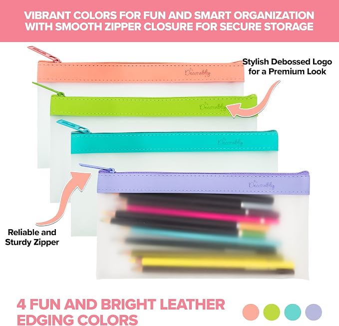 Decorably 4 Pack Clear Pencil Pouches with Zipper, 8.5x4.25in TPU | See-Through Pencil Case & Pen Bag in 4 Colors for School Supplies, Cosmetics, Makeup & Travel - Pouch for Girls & Teens