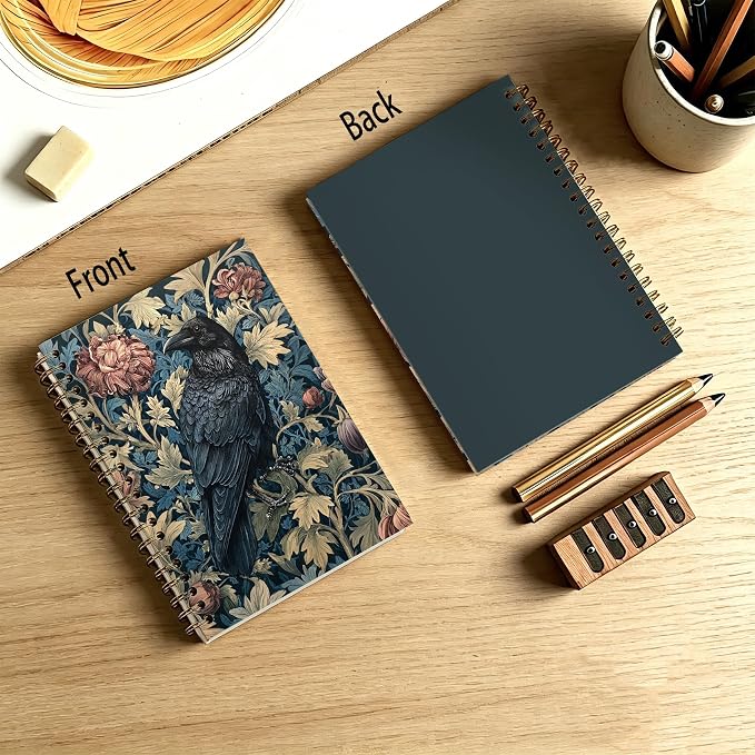 Moody Vintage Black Crow Journal Notebook 5.5x8.3, William Morris Inspired Gothic Raven Journal, Crow Gifts for Women, Dark Academia Floral Notebooks for Work