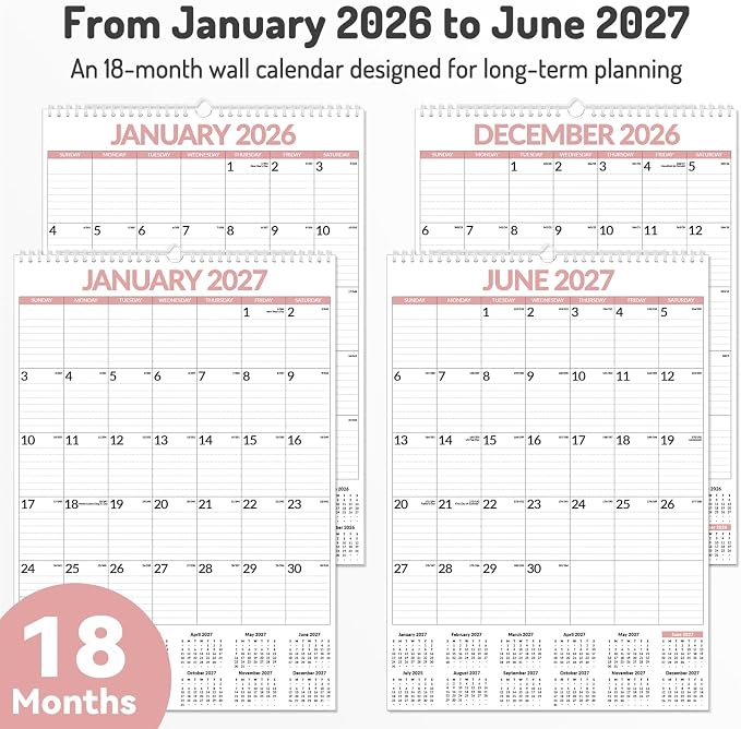 2026 Calendar, Forvencer Large Wall Calendar 2026, 12" x 17", Jan 2026 to Jun 2027, 18-Month Calendars with Stickers, Vertical Hanging Spiral Calendar Planner, Thick Paper, Ruled Blocks, For Family, Office & Seniors