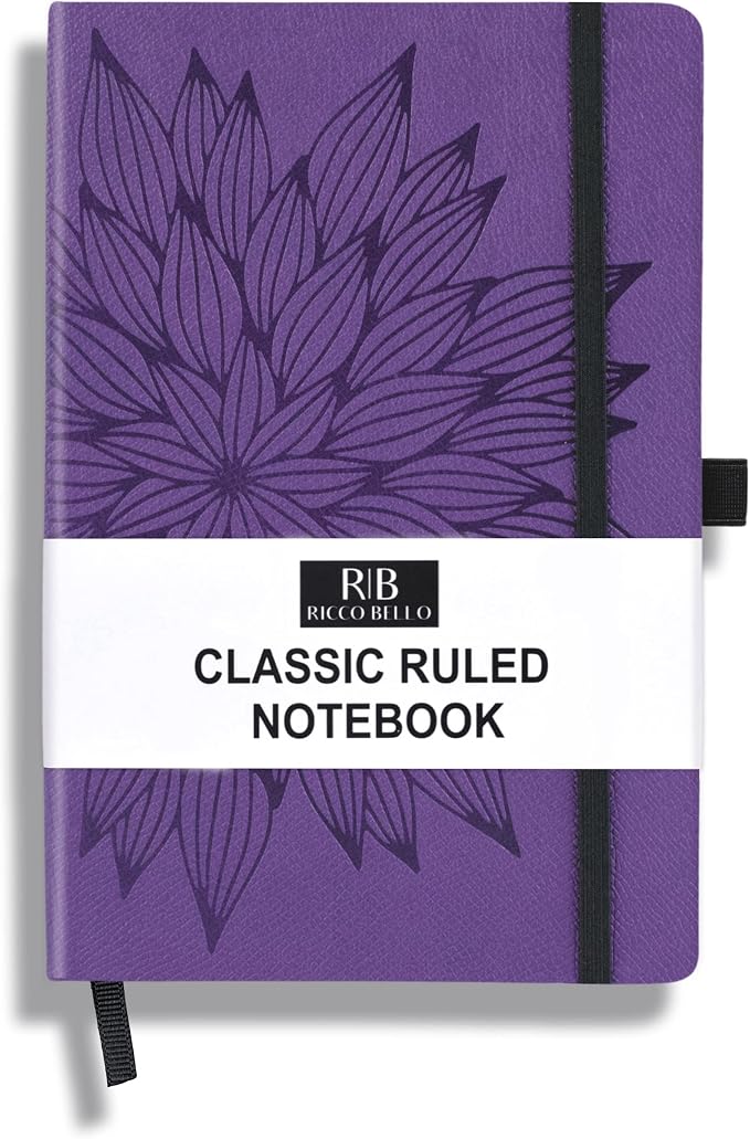 RICCO BELLO Lined Journal Notebook, Purple Bloom, 5.7 x 8.4-Inches | Faux Leather Hardcover, Pen Holder, College Ruled, 96 Sheets / 192 Pages, For Work & Notes