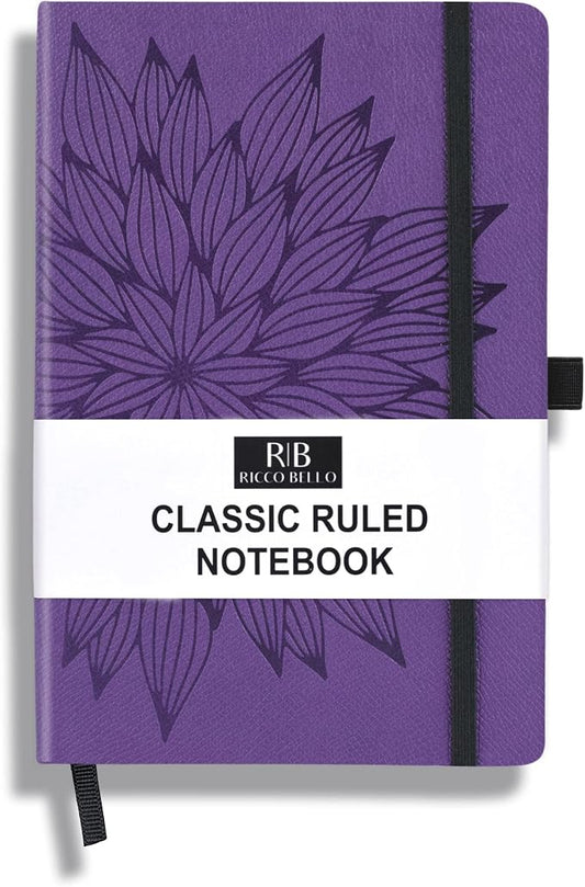 RICCO BELLO Lined Journal Notebook, Purple Bloom, 5.7 x 8.4-Inches | Faux Leather Hardcover, Pen Holder, College Ruled, 96 Sheets / 192 Pages, For Work & Notes