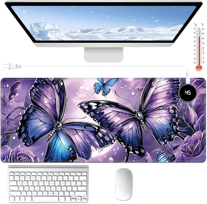 Heated Desk Pad Large Mouse Pad 31.5 x 13 inch with 3 Levels Heating & Auto Shut-Off Warm Mouse pad PU Leather Computer Mousepad for Home Office Work - Purple Rose and Butterflies