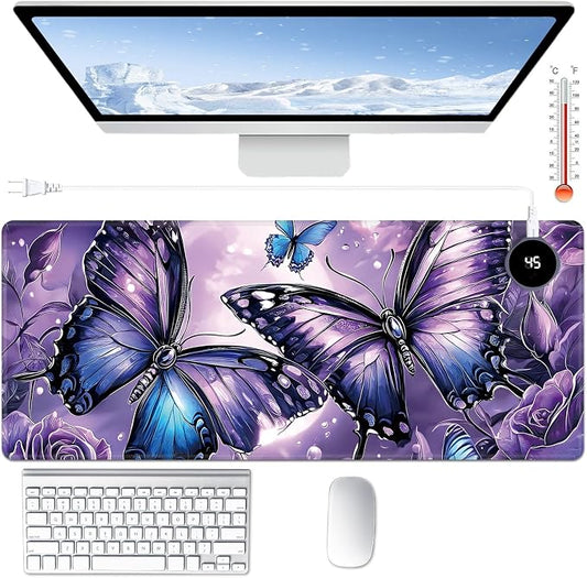 Heated Desk Pad Large Mouse Pad 31.5 x 13 inch with 3 Levels Heating & Auto Shut-Off Warm Mouse pad PU Leather Computer Mousepad for Home Office Work - Purple Rose and Butterflies