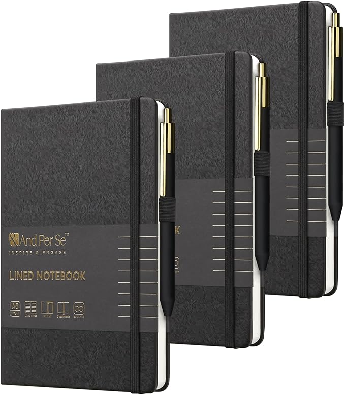 &And Per Se Lined Journal and Pen Set (3 Packs), A5 Leather Hardcover Notebook with Pen & Stationary Set, 160 Pages 100GSM Thick Ruled Paper Journal for Business Work Writing (Black)
