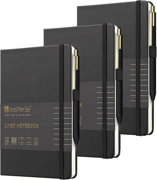 &And Per Se Lined Journal and Pen Set (3 Packs), A5 Leather Hardcover Notebook with Pen & Stationary Set, 160 Pages 100GSM Thick Ruled Paper Journal for Business Work Writing (Black)