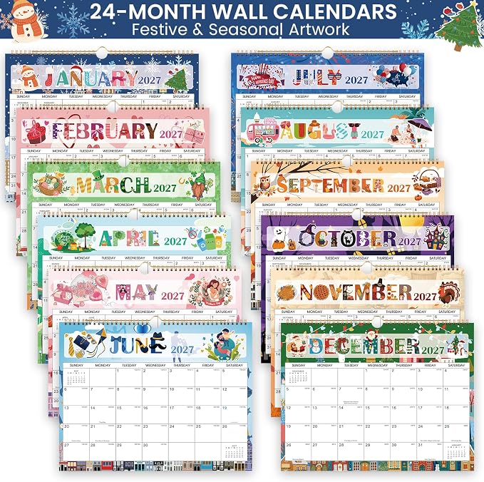 2027 Wall Calendar - Calendar 2027-2028, Jan 2027-Dec 2028,14.6'' x 11.5'' | 2 Year Wall Calendar 12 Theme with Hanging Hook, Plenty Writing Area for School, Home, Office Organization