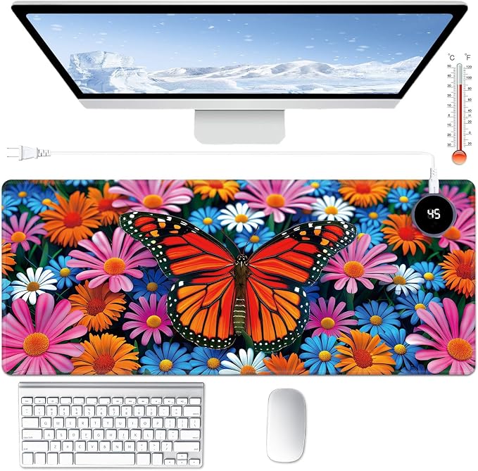Heated Desk Pad Large Mouse Pad 31.5 x 13 inch with 3 Levels Heating & Auto Shut-Off Warm Mouse pad PU Leather Computer Mousepad for Home Office Work - Colorful Flowers and Butterflies
