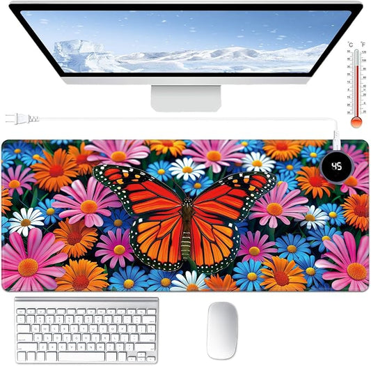 Heated Desk Pad Large Mouse Pad 31.5 x 13 inch with 3 Levels Heating & Auto Shut-Off Warm Mouse pad PU Leather Computer Mousepad for Home Office Work - Colorful Flowers and Butterflies