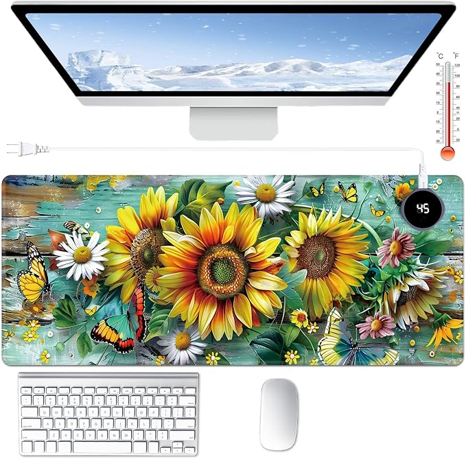 Heated Desk Pad Large Mouse Pad 31.5 x 13 inch with 3 Levels Heating & Auto Shut-Off Warm Mouse pad PU Leather Computer Mousepad for Home Office Work - Flower Butterflies