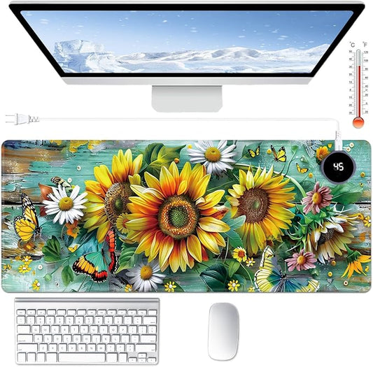 Heated Desk Pad Large Mouse Pad 31.5 x 13 inch with 3 Levels Heating & Auto Shut-Off Warm Mouse pad PU Leather Computer Mousepad for Home Office Work - Flower Butterflies