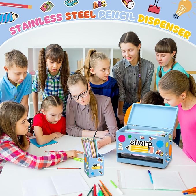 Mifoci 8 Pcs Wooden Pencil Dispenser Kit for Classroom Wooden Pen Holder Straw Dispenser Sharp and Dull Letter Stickers for Teachers Classroom Supplies Storage (Light Blue)