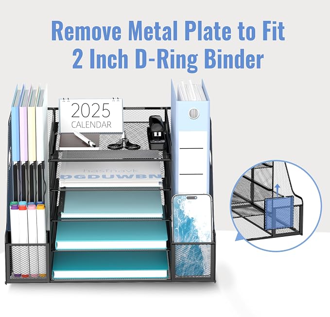 5-Tier Desk Organizer with Paper Trays, File Holders and Pen Holders, Black | Paper Organizer for Desk with 4 Sliding Paper Trays, Side File Holders and Pen Holders for Files, Books and Supplies