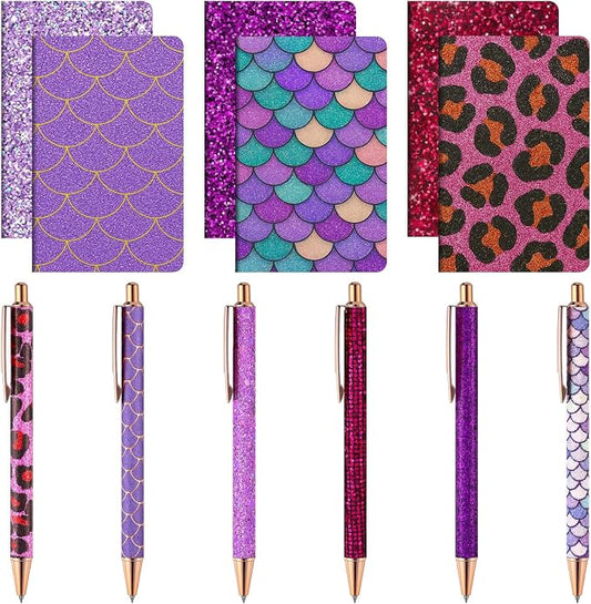12 Set Cute Mini Notebook and Fancy Pen Gift Set for Women 6 Mini Glitter Pocket Notepad 6 Cute Sparkly Glitter Pen for Girl Office First Day of School Mother's Day Christmas Graduation(Purple)