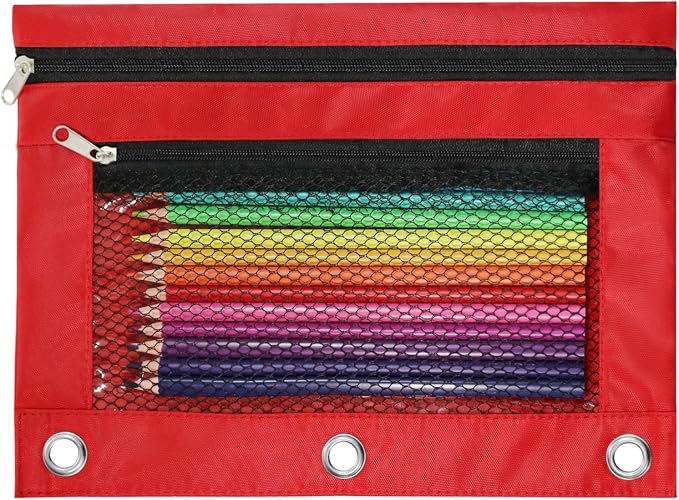 Pencil Pouch for 3 Ring Binder, Heavy Duty Canvas Dual Zipper Pen Bag with Clear Window, Smooth Metal Zipper, Fit Standard 3-Ring Binders for School Office Travel Supplies (Red)
