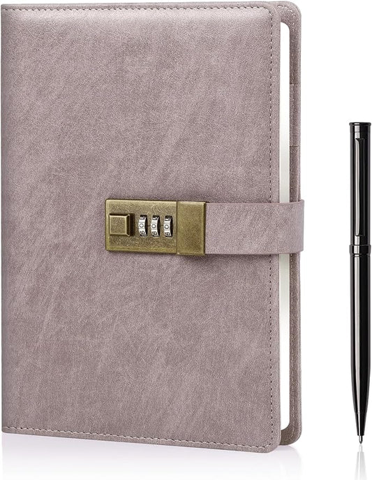 WEMATE Diary with Lock, A5 PU Leather Journal with Lock 240 Pages Pink | Vintage Lock Journal Password Notebook with Pen & Gift Box, Lock Diary Planner Organizer for Men and Women, 8.6x5.8in