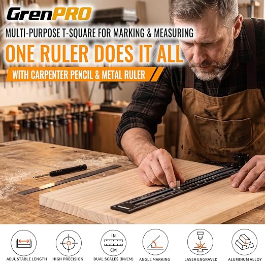 GRENPRO Combination Speed T-Square Ruler Angle Finder Woodworking Tools | Carpenter Pencil, 12" Metal Ruler, High Precision, Angle Adjustable, Dual Scales (in/cm), Aluminum Alloy, All-in-One Tool