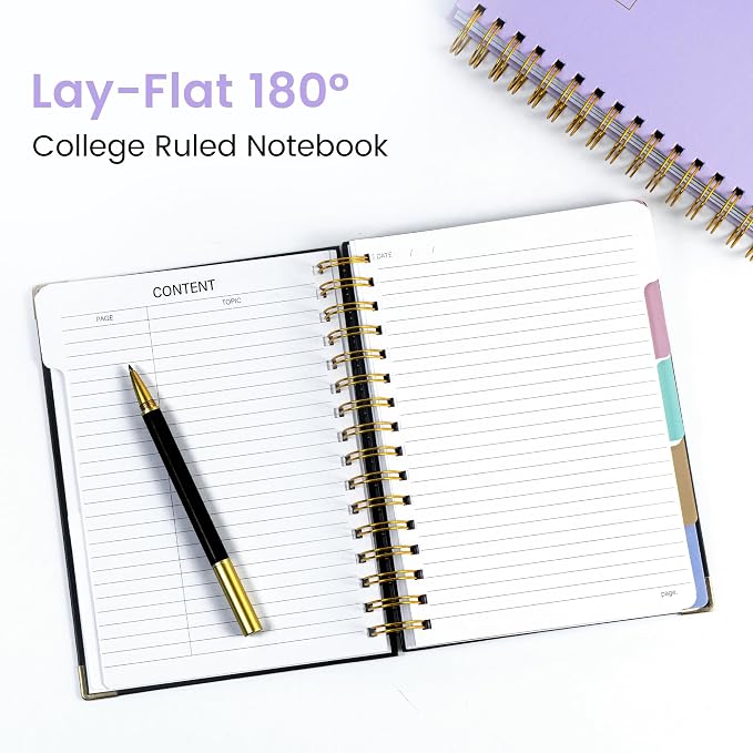 Hardcover Spiral Notebook with Tabs 6.1"x8.3" Small Spiral Lined Journals for Women Men with Dividers 200 Pages College Ruled Composition Notebook 5 Subject Notebook for Work School Gifts, Purple
