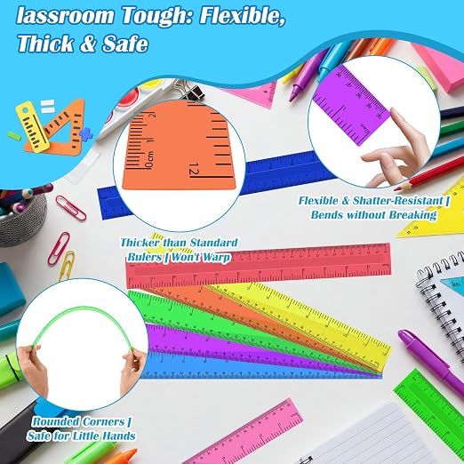 36 Pack 12 Inch Multicolor Plastic Rulers Bulk, Transparent Metric Rulers with Centimeters and Inches, Straight Measuring Rulers for Back to School, Kids Classroom School Office Home Supplies