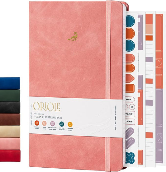 Oriole Vegan Leather Ruled Notebook - Pink | 176 Pages of Thick Lined Paper | Soft Touch Hardcover Journal (5 x 8 in) with Gold Foil Bird Design & Luxury Gift Box