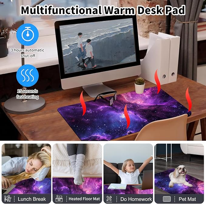 Heated Desk Pad Mouse Pad,Heated Desk Mat,with 3 Heating Levels & 3 Hours Auto Shut-Off,Leather 23.6"*14.2" Gaming Mouse Laptop Mat,Foot Warmer,Purple Galaxy Glliter