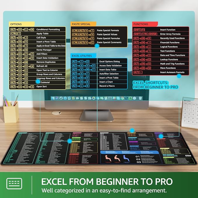 KTRIO Excel Shortcuts Mousepad, Desk Mat, 31.5 x 11.8 in, XL | Smooth Micro-Weave Surface, Shortcut Reference, Non-Slip Rubber Base, Durable Stitched Edges, Office & Home Use