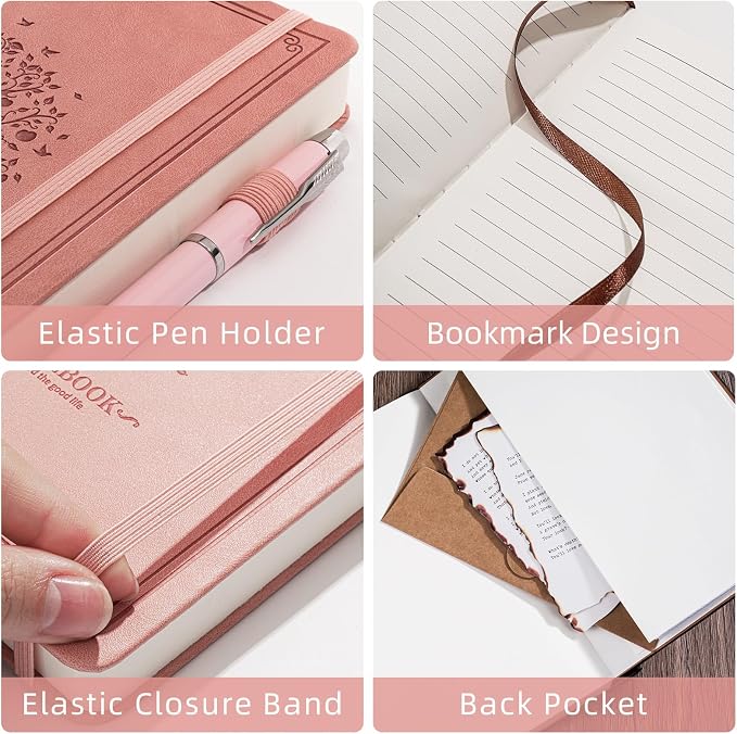 OnMove Lined Notebook with Gift Box for Women Men 320 Pages A5 Hardcover Leather with Pen Holder College Ruled Journals for Work Note Taking Travel School Pink