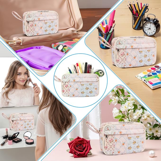 WOBAGMEN Quilted Pencil Pouch for Girls Women, Large Pencil Case Pouch with Compartments Cute Aesthetic Pencil Case Organizer, Floral Pencil Bag for School Supplies (coloful blue)