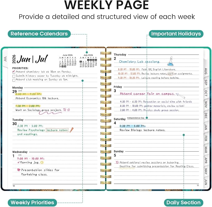 Planner 2026-2027, Academic Monthly and Weekly Calendar Planner for Women, July 2026 - June 2027, Hardcover Pretty Agenda Planner Book with Tabs, Spiral Daily Organizer for School Office Home Supplies, 6.3" x 8.5" - Emerald Shores