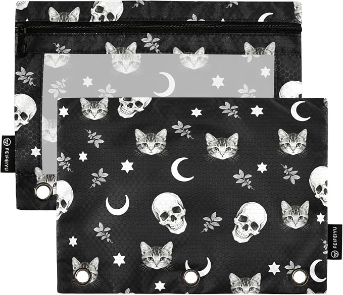 Skull Cat Moon Gothic Pencil Pouches for 3 Ring Binder, Zipper Binder Pencil Case, 2 Pack Clear Window Case Bag for Office Organizers