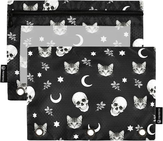 Skull Cat Moon Gothic Pencil Pouches for 3 Ring Binder, Zipper Binder Pencil Case, 2 Pack Clear Window Case Bag for Office Organizers