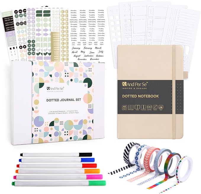&And Per Se Dotted Journal Kit, A5 Hardcover Dot Grid Journal Notebook Set for Beginners with Journaling Supplies Stencils, Stickers, Washi Tapes & Colored Pens Accessories (Light Apricot)