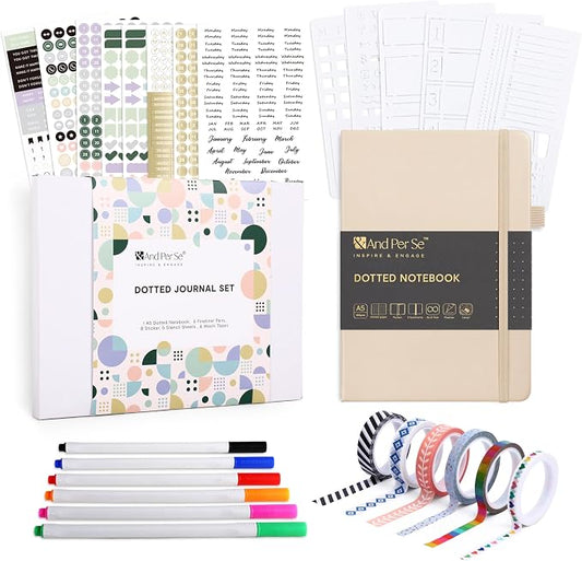 &And Per Se Dotted Journal Kit, A5 Hardcover Dot Grid Journal Notebook Set for Beginners with Journaling Supplies Stencils, Stickers, Washi Tapes & Colored Pens Accessories (Light Apricot)
